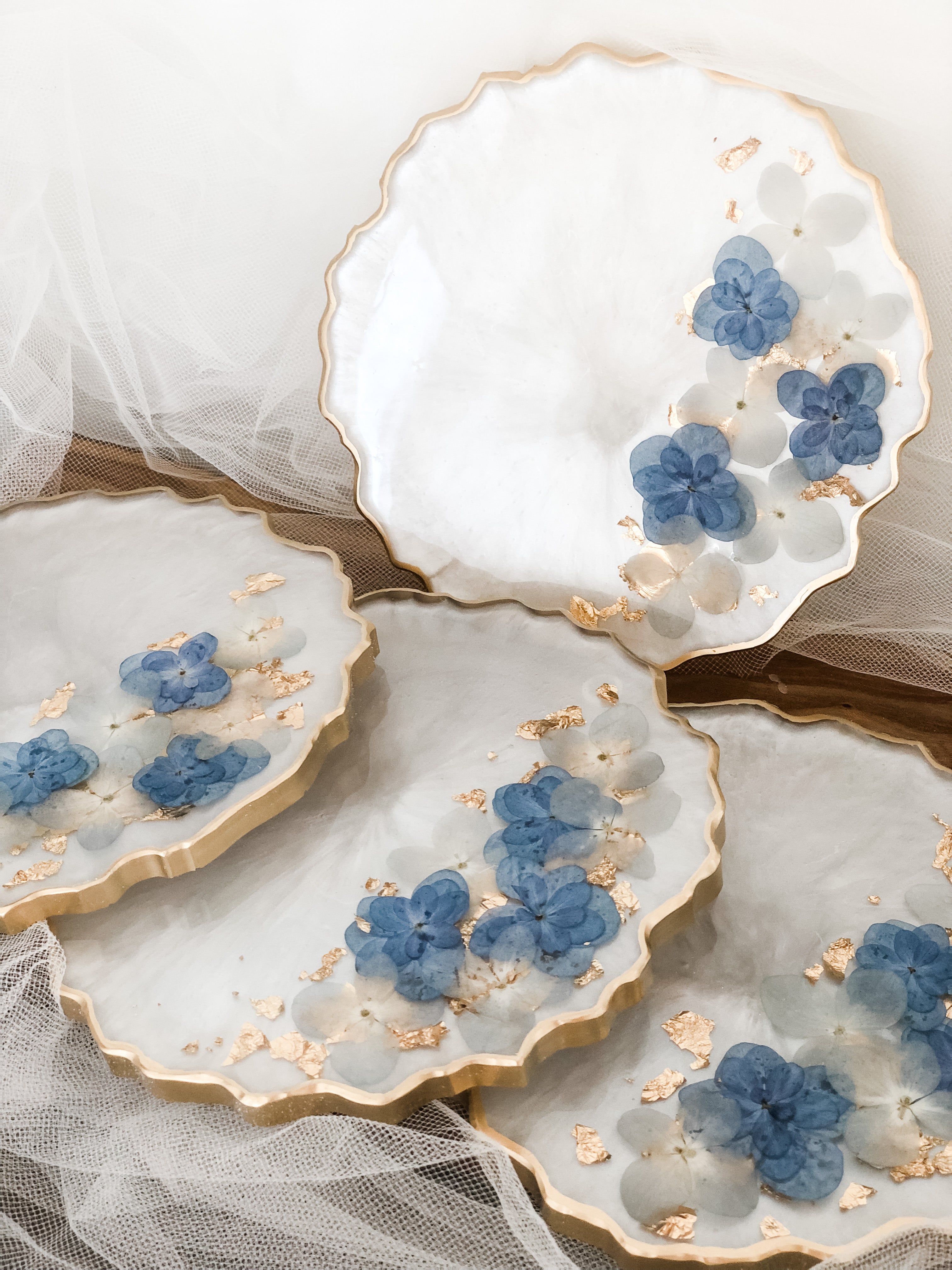 Blue Flower Resin Coaster Set