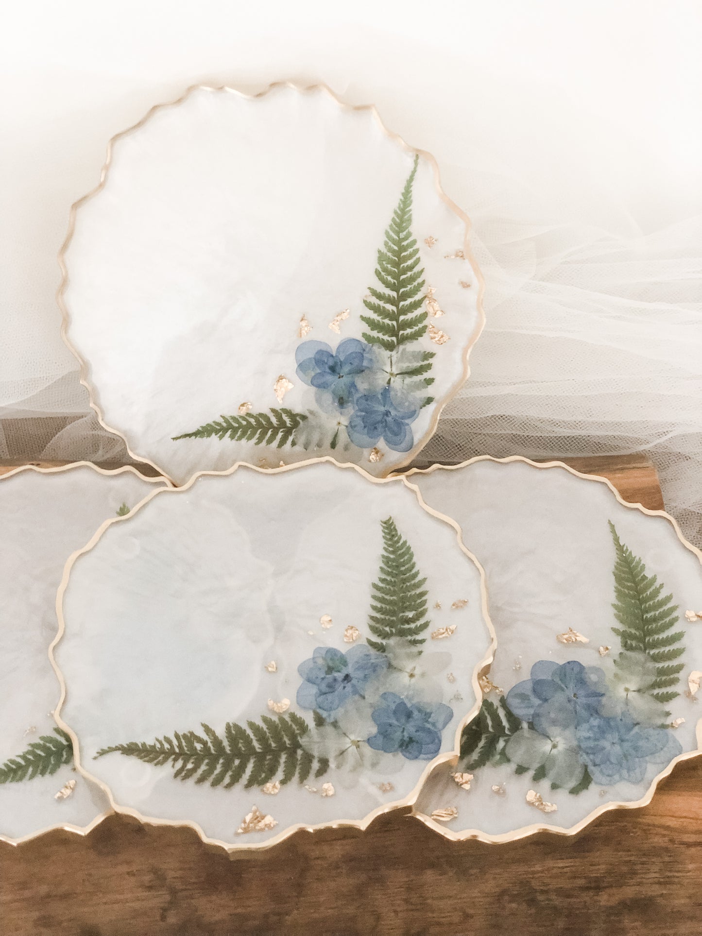 Blue Flowers With Greenery Resin Coaster Set